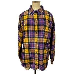 L.L. Bean Flannel Relaxed Scotch Plaid Yellow Purple Shirt XL Outdoorsy Camp